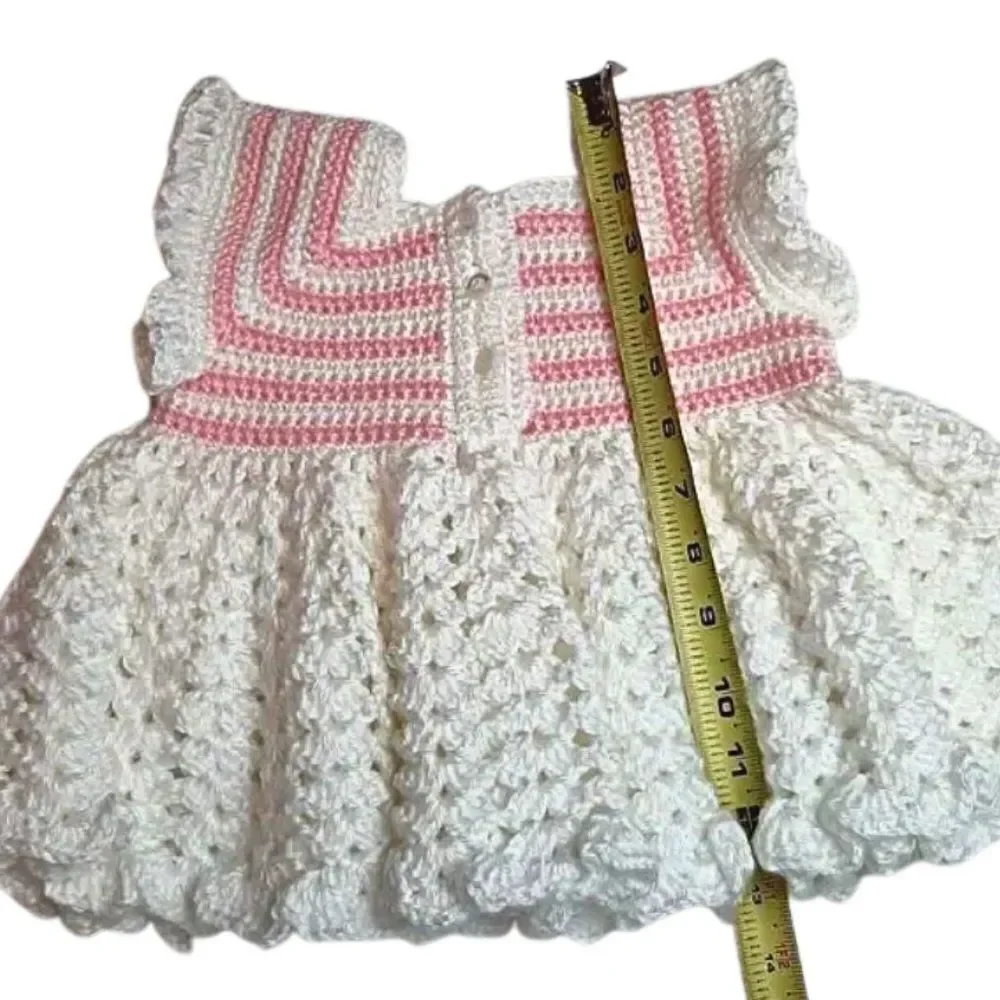 Dress & Matching Bonnet Baby Girl Heirloom Hand Crochet Pink & White